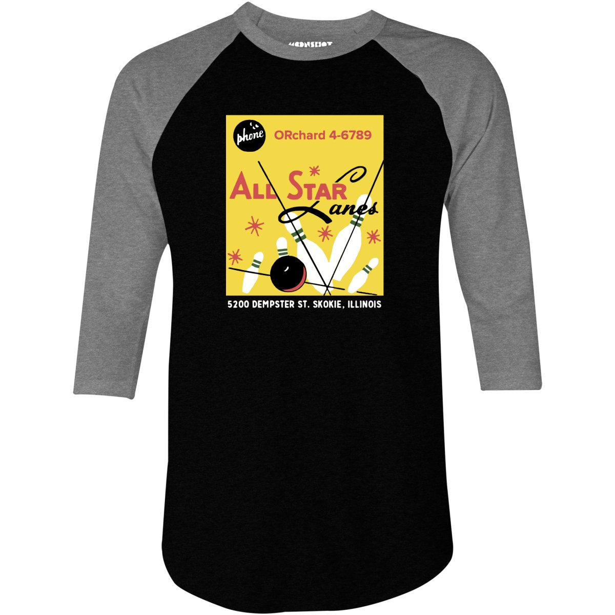 All Star Lanes v2 - St. Skokie, IL - Vintage Bowling Alley - 3/4 Sleeve Raglan T-Shirt