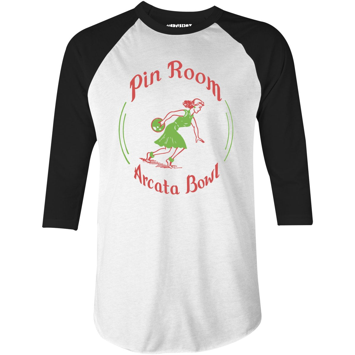 Arcata Bowl Pin Room - Arcata, CA - Vintage Bowling Alley - 3/4 Sleeve Raglan T-Shirt