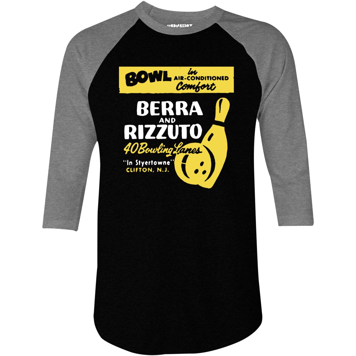 Berra and Rizzuto - Clifton, NJ - Vintage Bowling Alley - 3/4 Sleeve Raglan T-Shirt