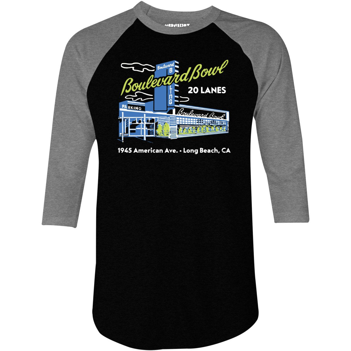 Boulevard Bowl - Long Beach, CA - Vintage Bowling Alley - 3/4 Sleeve Raglan T-Shirt