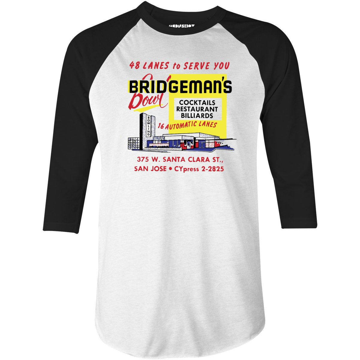 Bridgeman's Bowl - San Jose, CA - Vintage Bowling Alley - 3/4 Sleeve Raglan T-Shirt