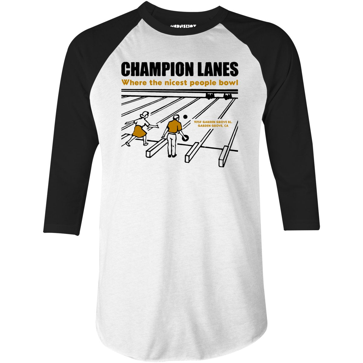 Champion Lanes - Garden Grove, CA - Vintage Bowling Alley - 3/4 Sleeve Raglan T-Shirt