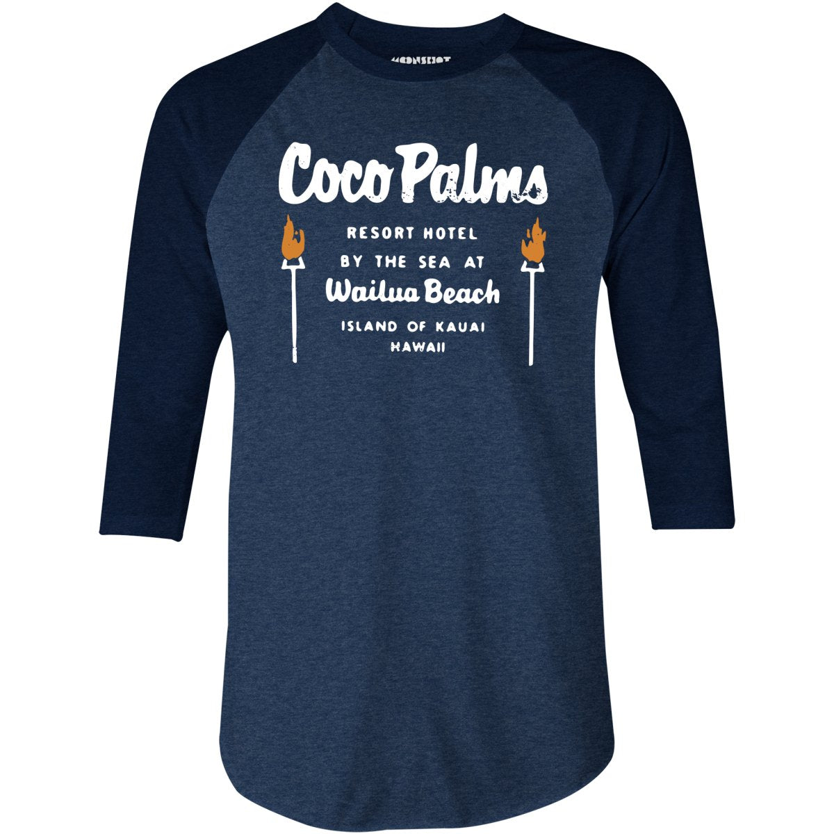 m00nshot Coco Palms - Hawaii - Vintage Tiki Bar - 3/4 Sleeve Raglan T-Shirt Heather Denim/Navy / Xs