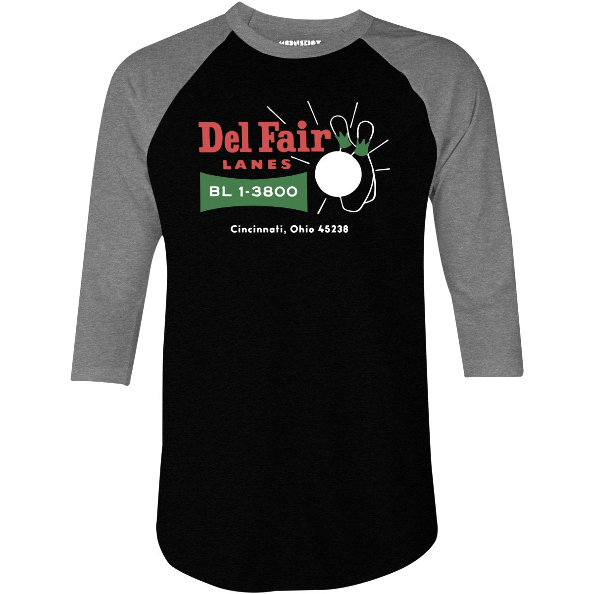 Del Fair Lanes v2 - Cincinnati, OH - Vintage Bowling Alley - 3/4 Sleeve Raglan T-Shirt