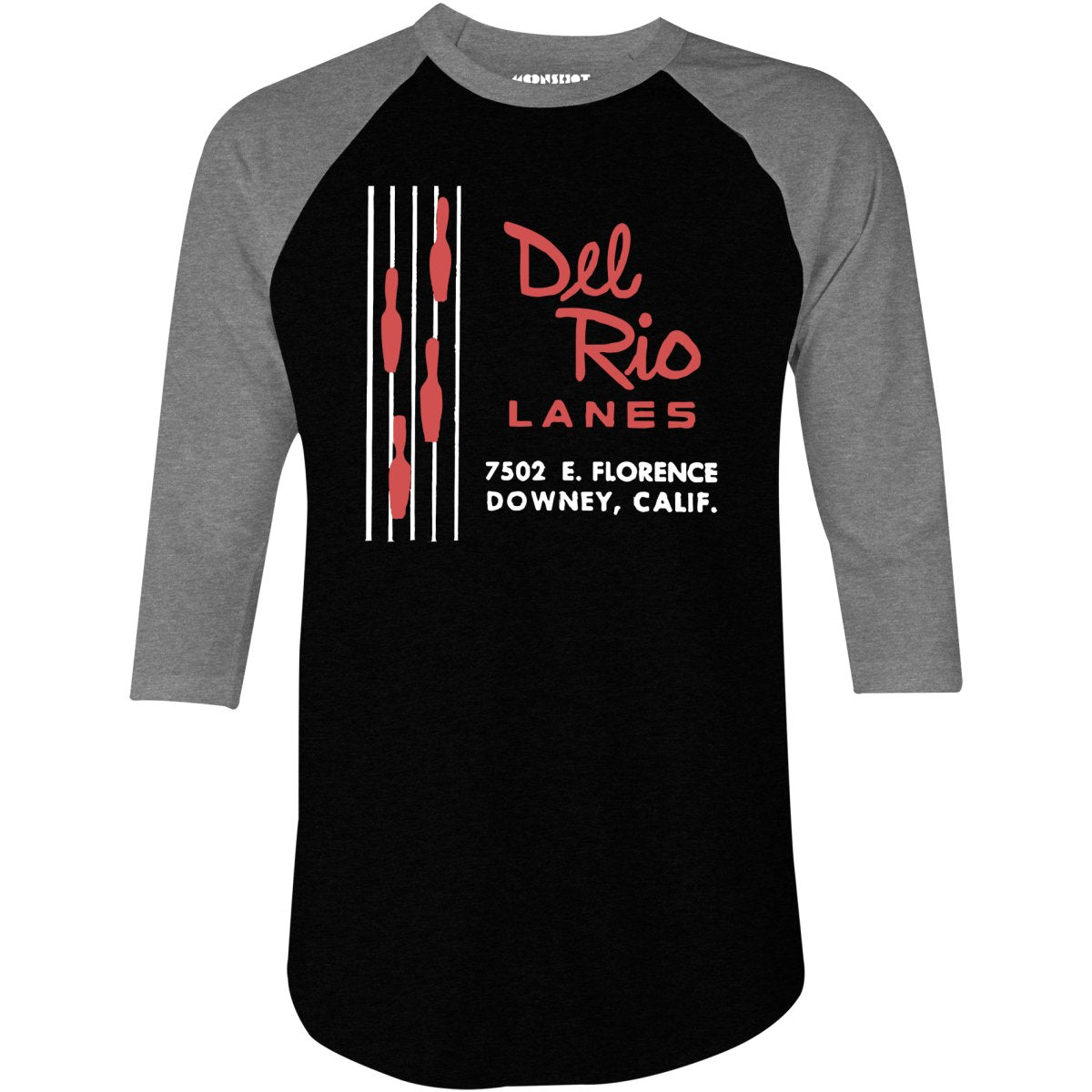 Del Rio Lanes - Downey, CA - Vintage Bowling Alley - 3/4 Sleeve Raglan T-Shirt