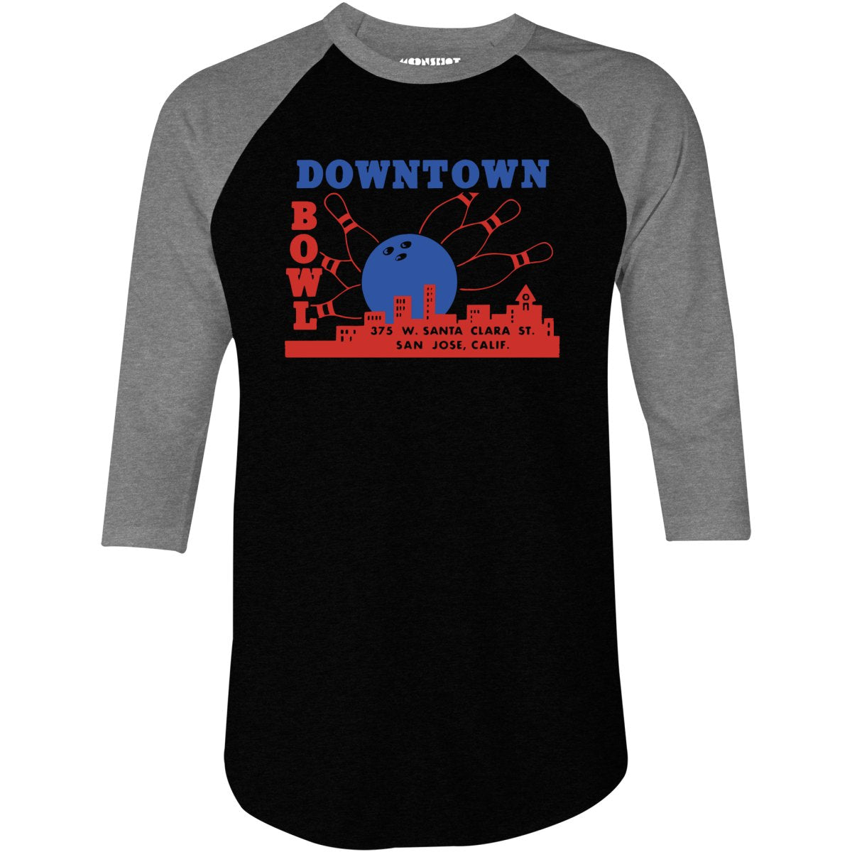 Downtown Bowl - San Jose, CA - Vintage Bowling Alley - 3/4 Sleeve Raglan T-Shirt