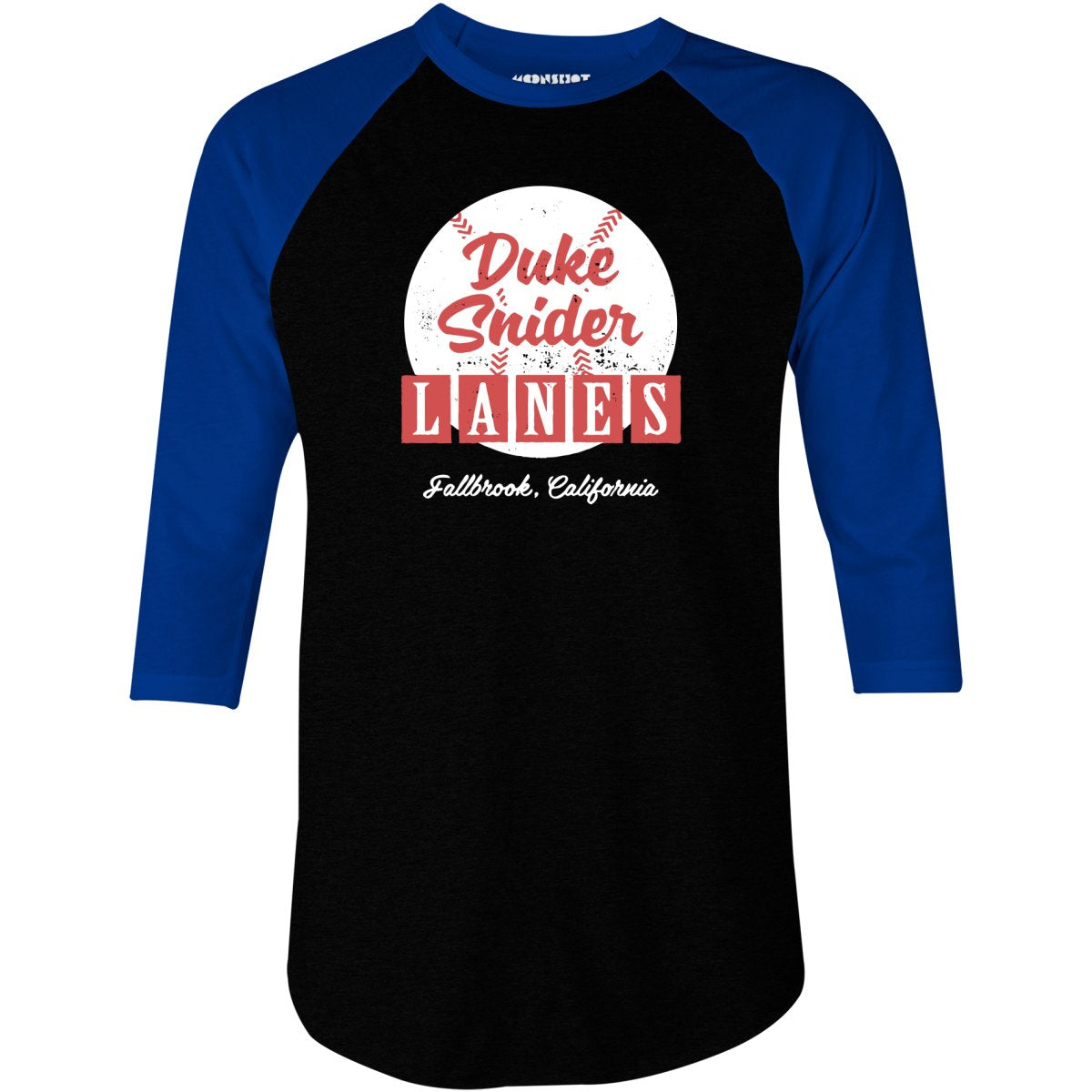 Duke Snider Lanes - Fallbrook, CA - Vintage Bowling Alley - 3/4 Sleeve Raglan T-Shirt