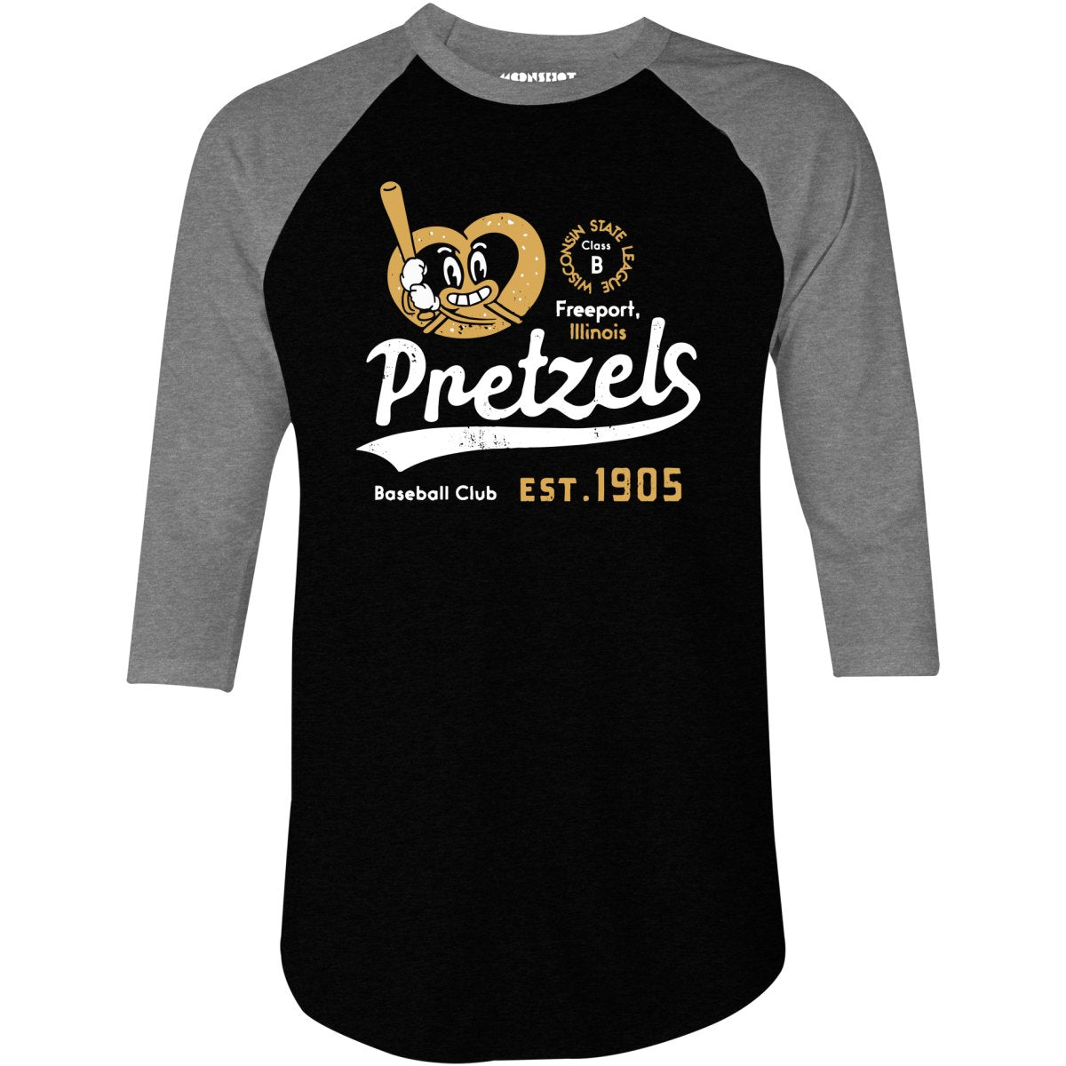 Freeport Pretzels - Illinois - Vintage Defunct Baseball Teams - 3/4 Sleeve Raglan T-Shirt