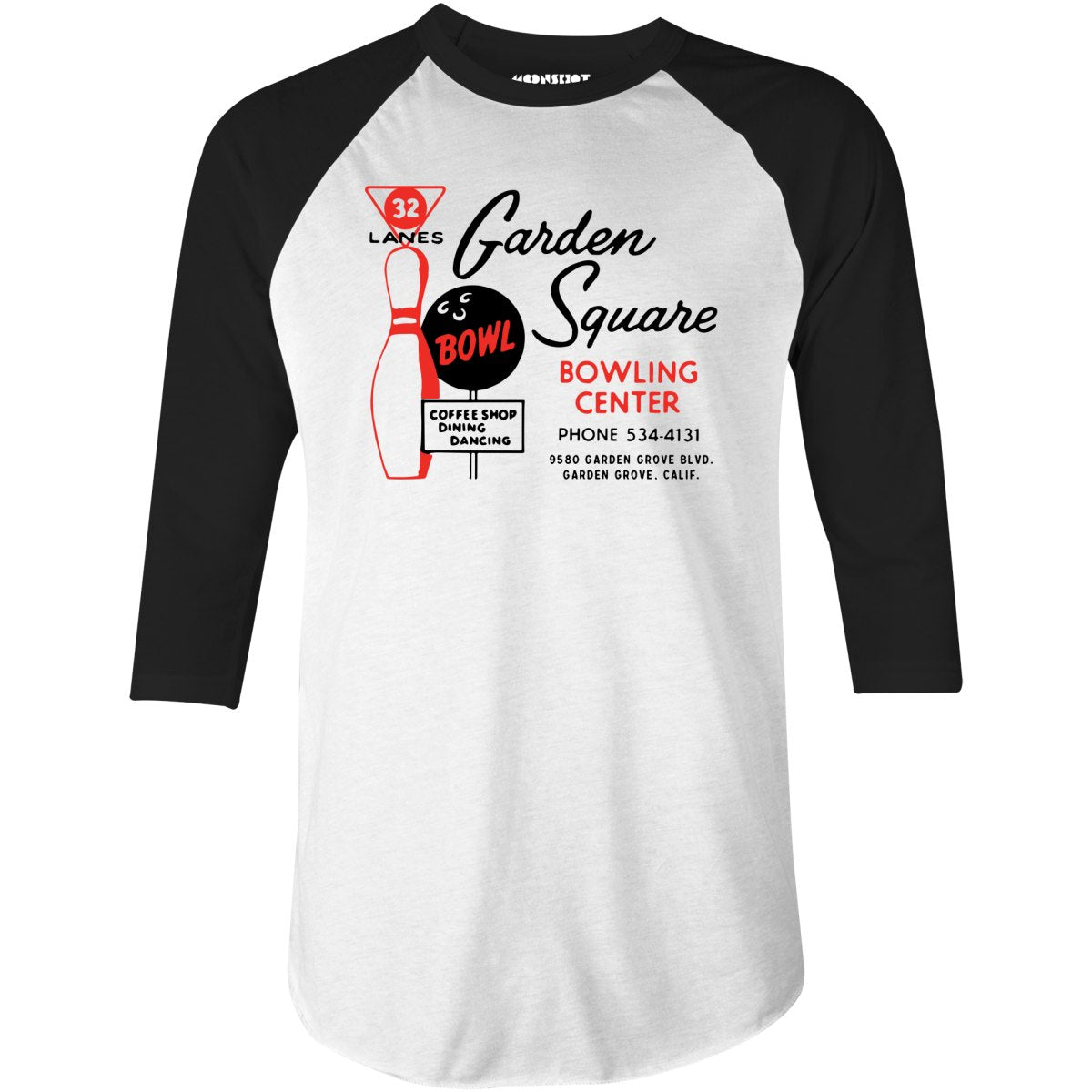 Garden Square Lanes - Garden Grove, CA - Vintage Bowling Alley - 3/4 Sleeve Raglan T-Shirt