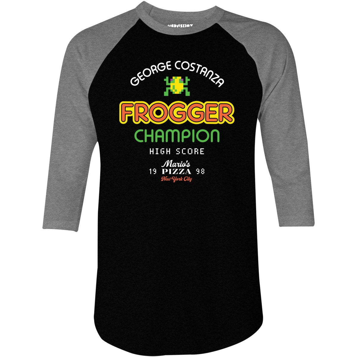 George Costanza Frogger Champion - Mario's Pizza - 3/4 Sleeve Raglan T-Shirt