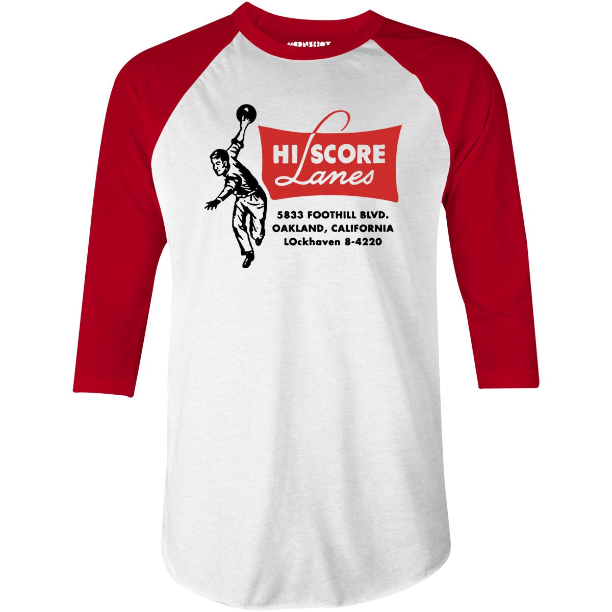Hi Score Lanes - Oakland, CA - Vintage Bowling Alley - 3/4 Sleeve Raglan T-Shirt