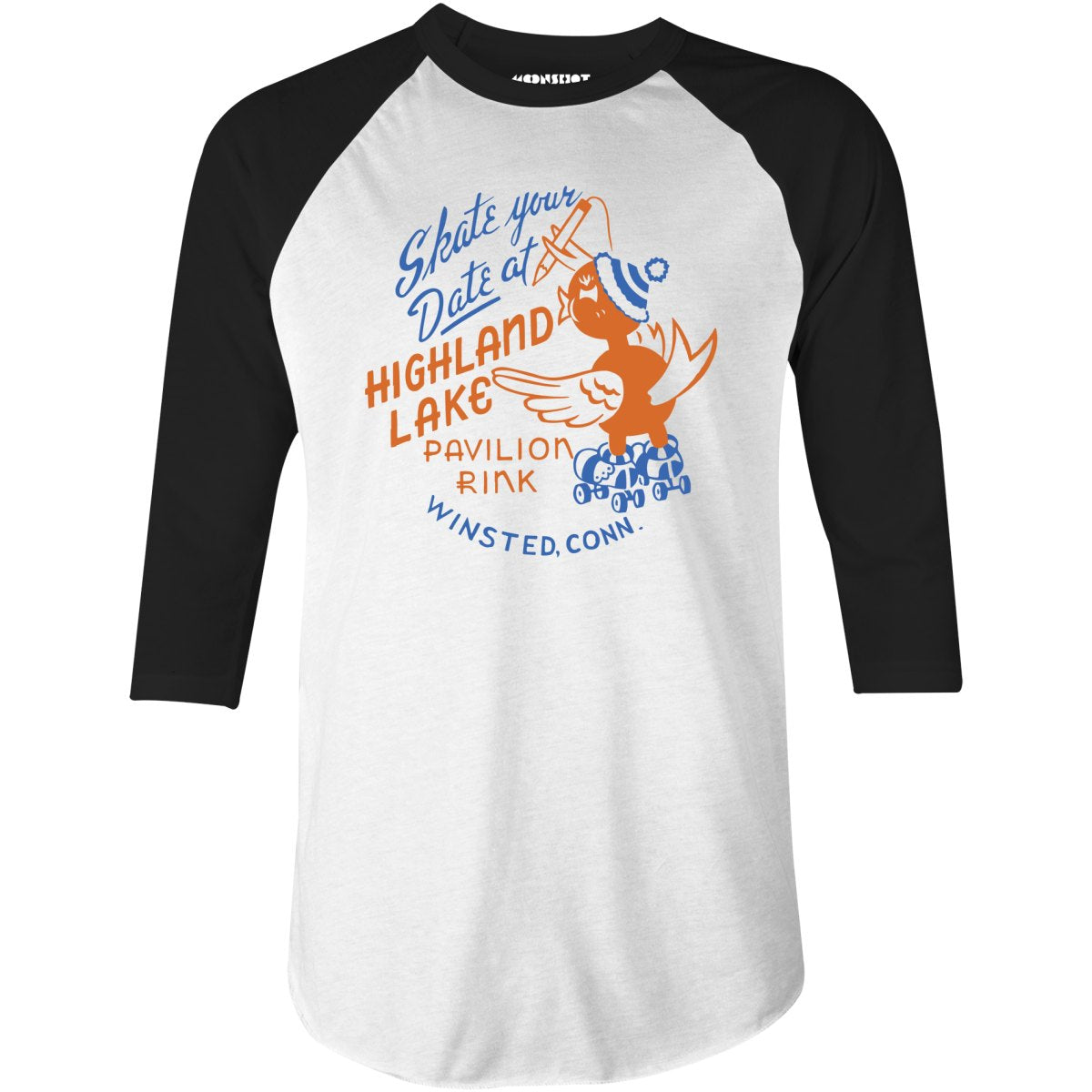 Highland Lake Pavilion Rink - Winsted, CT - Vintage Roller Rink - 3/4 Sleeve Raglan T-Shirt