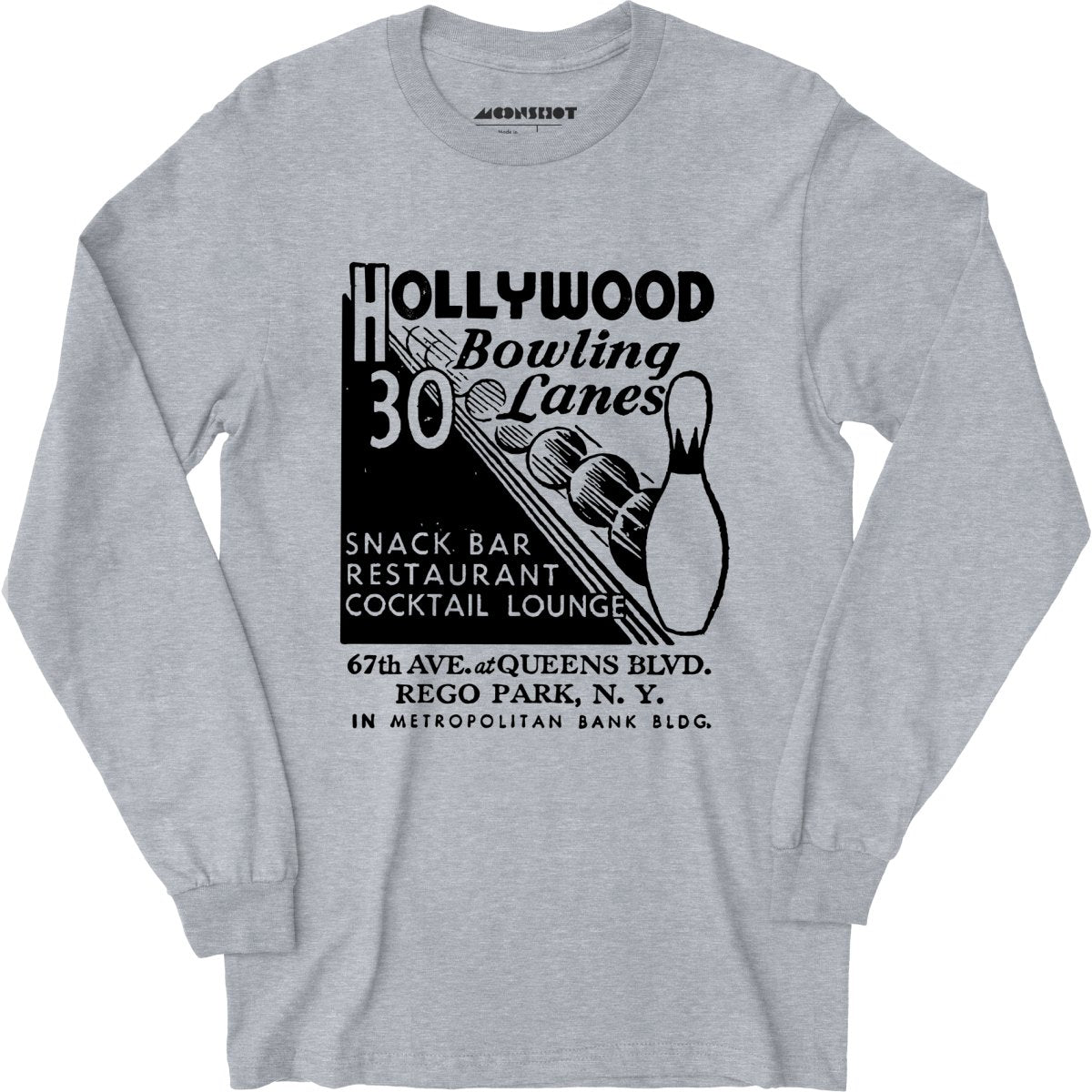 Hollywood Bowling Lanes - Rego Park, NY - Vintage Bowling Alley - Long Sleeve T-Shirt