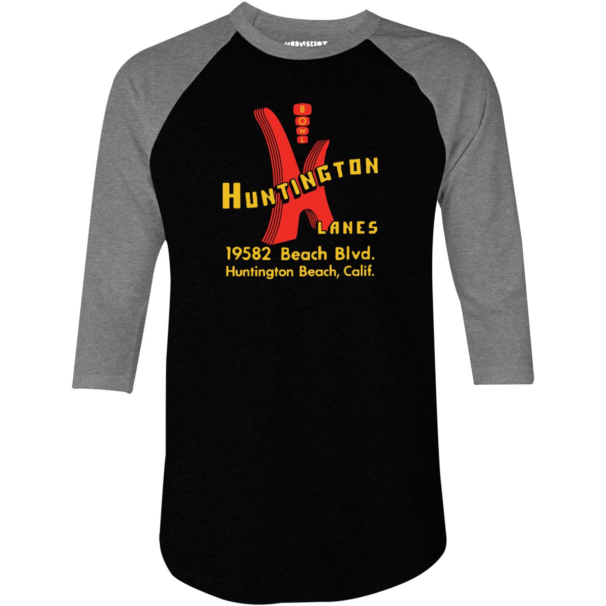 Huntington Lanes - Huntington Beach, CA - Vintage Bowling Alley - 3/4 Sleeve Raglan T-Shirt