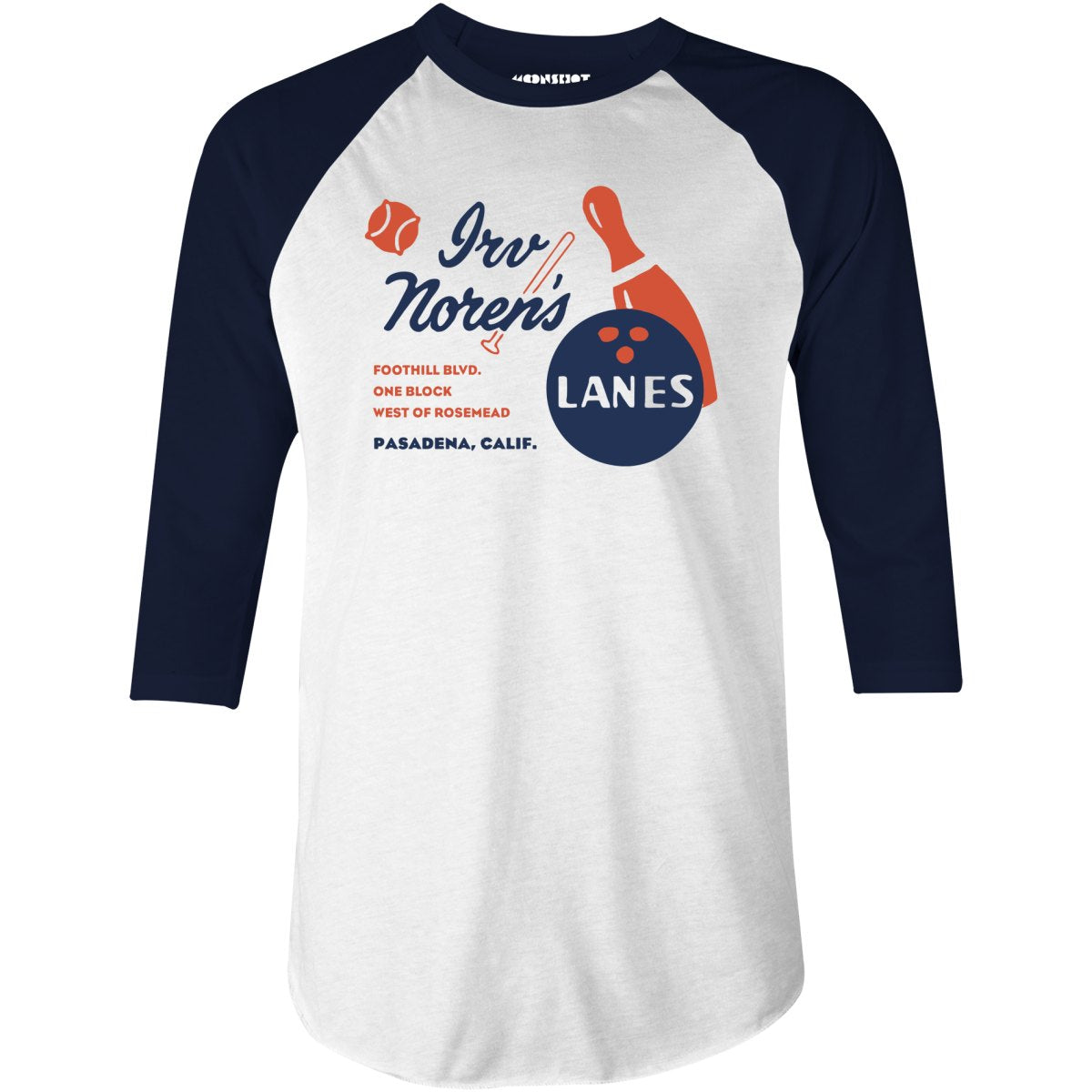 Irv Noren's Lanes - Pasadena, CA - Vintage Bowling Alley - 3/4 Sleeve Raglan T-Shirt