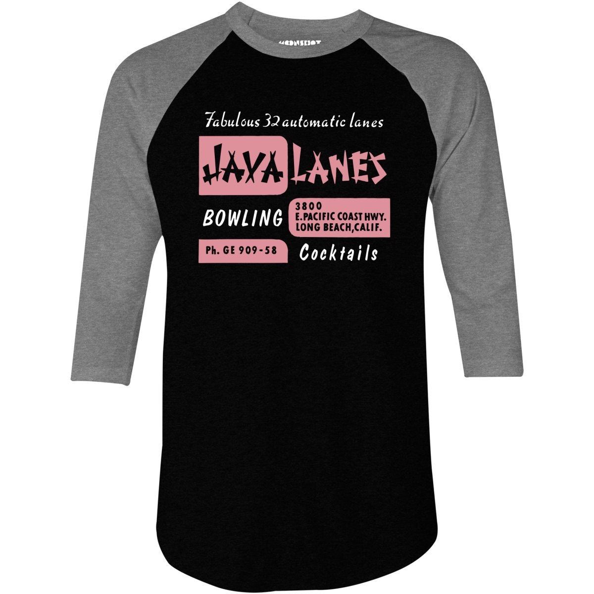 Java Lanes - Long Beach, CA - Vintage Bowling Alley - 3/4 Sleeve Raglan T-Shirt