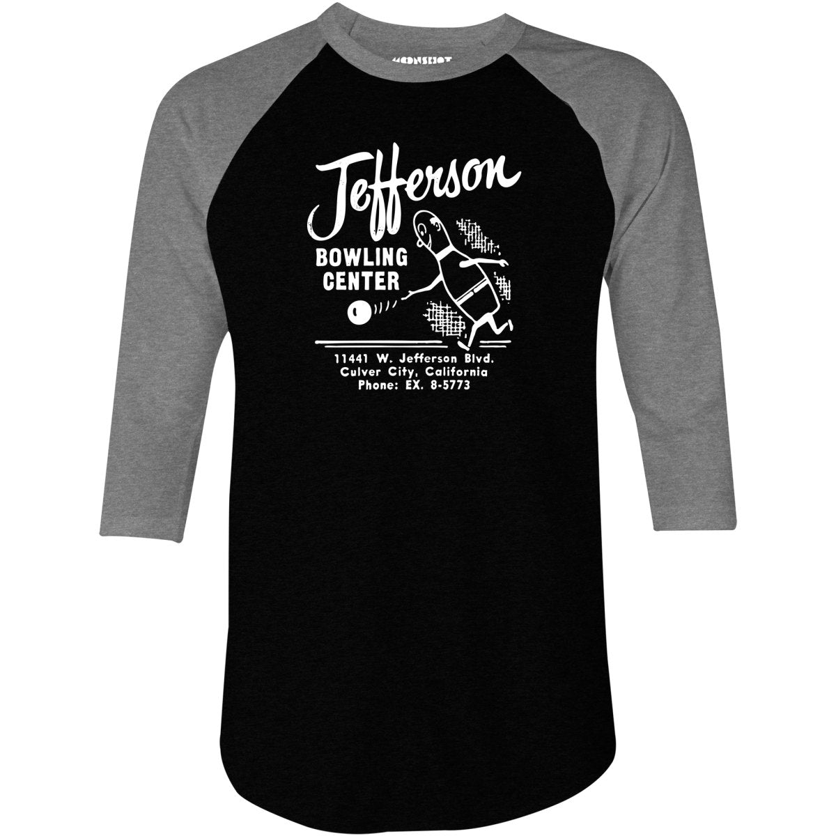 Jefferson Bowling Center - Culver City, CA - Vintage Bowling Alley - 3/4 Sleeve Raglan T-Shirt
