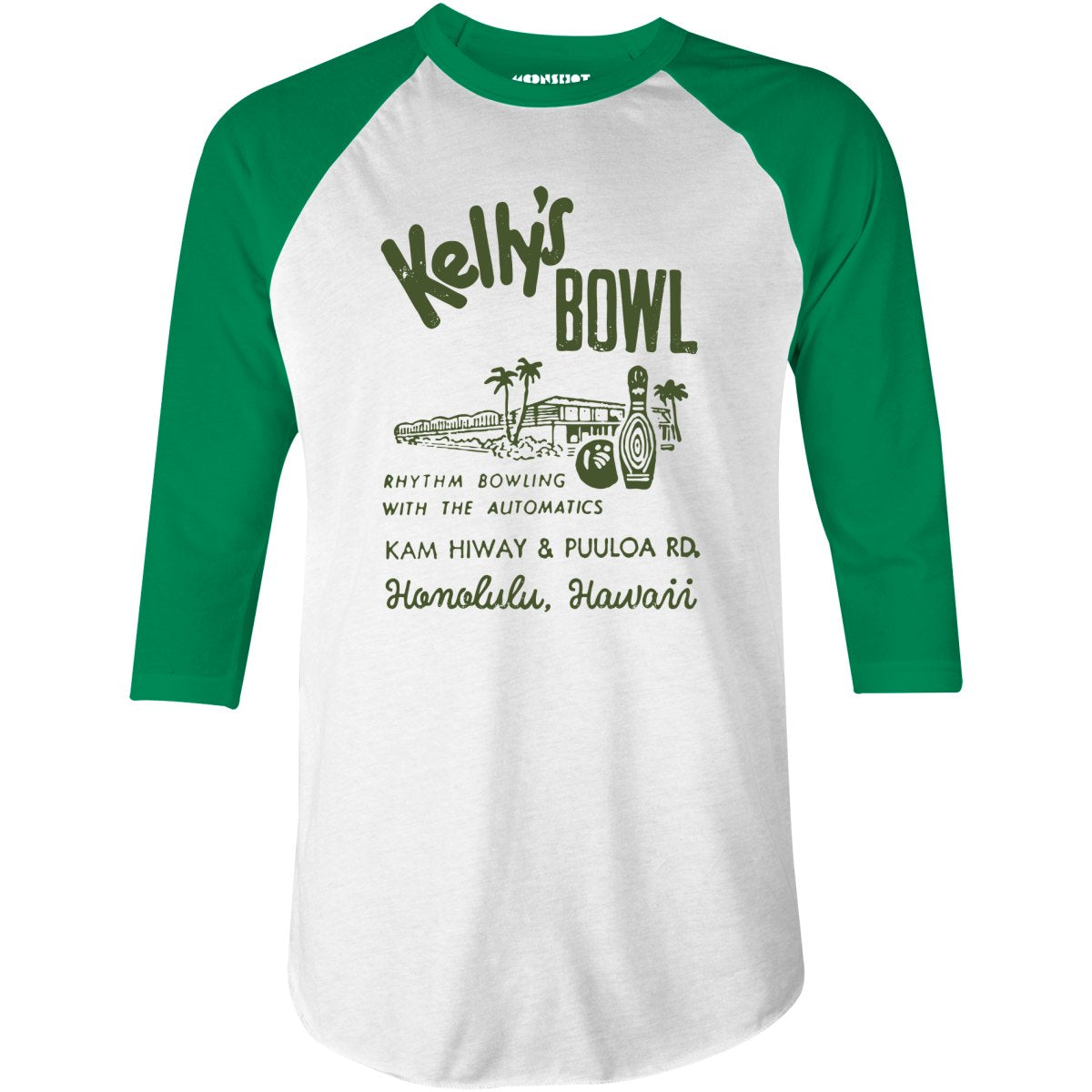 Kelly's Bowl - Honolulu, HI - Vintage Bowling Alley - 3/4 Sleeve Raglan T-Shirt