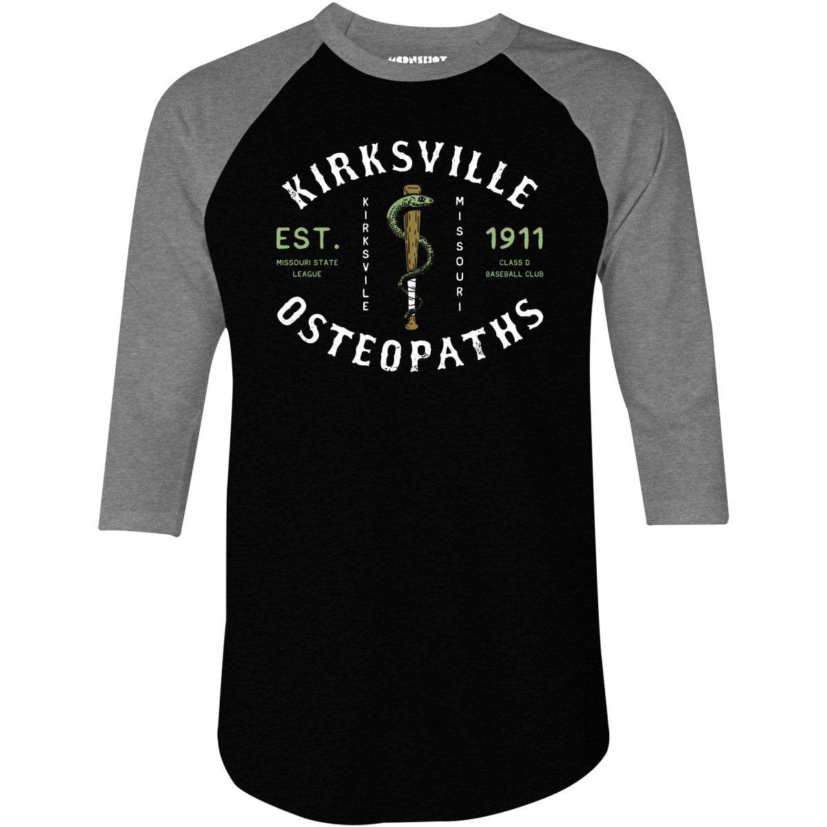 Kirksville Osteopaths - Missouri - Vintage Defunct Baseball Teams - 3/4 Sleeve Raglan T-Shirt