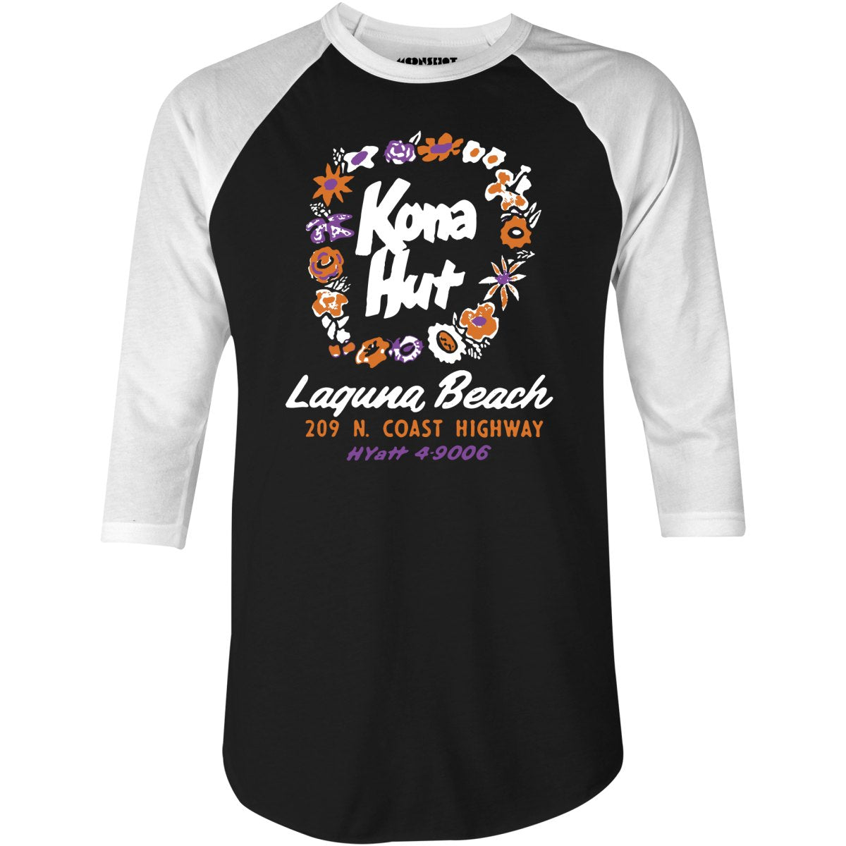 Kona Hut - Laguna Beach, CA - Vintage Tiki Bar - 3/4 Sleeve Raglan T-Shirt