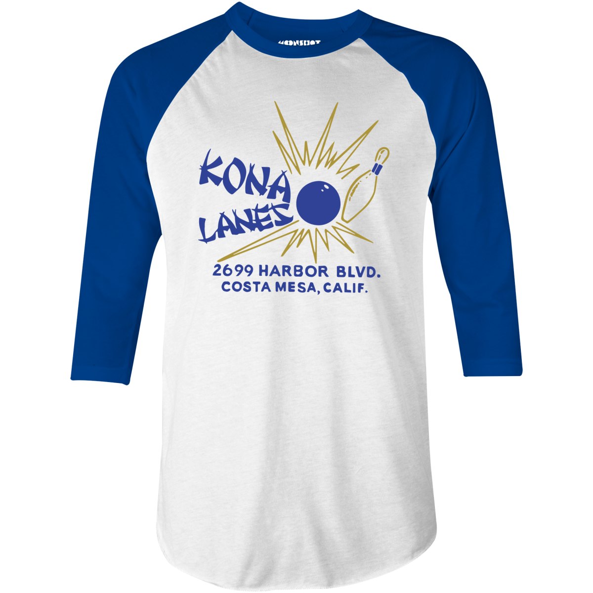 Kona Lanes v2 - Costa Mesa, CA - Vintage Bowling Alley - 3/4 Sleeve Raglan T-Shirt