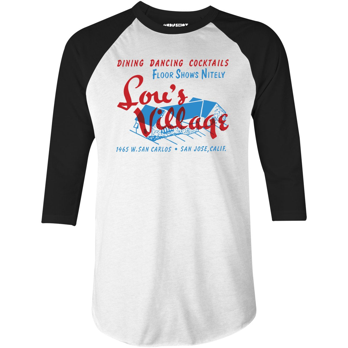 Lou's Village - San Jose, CA - Vintage Tiki Bar - 3/4 Sleeve Raglan T-Shirt