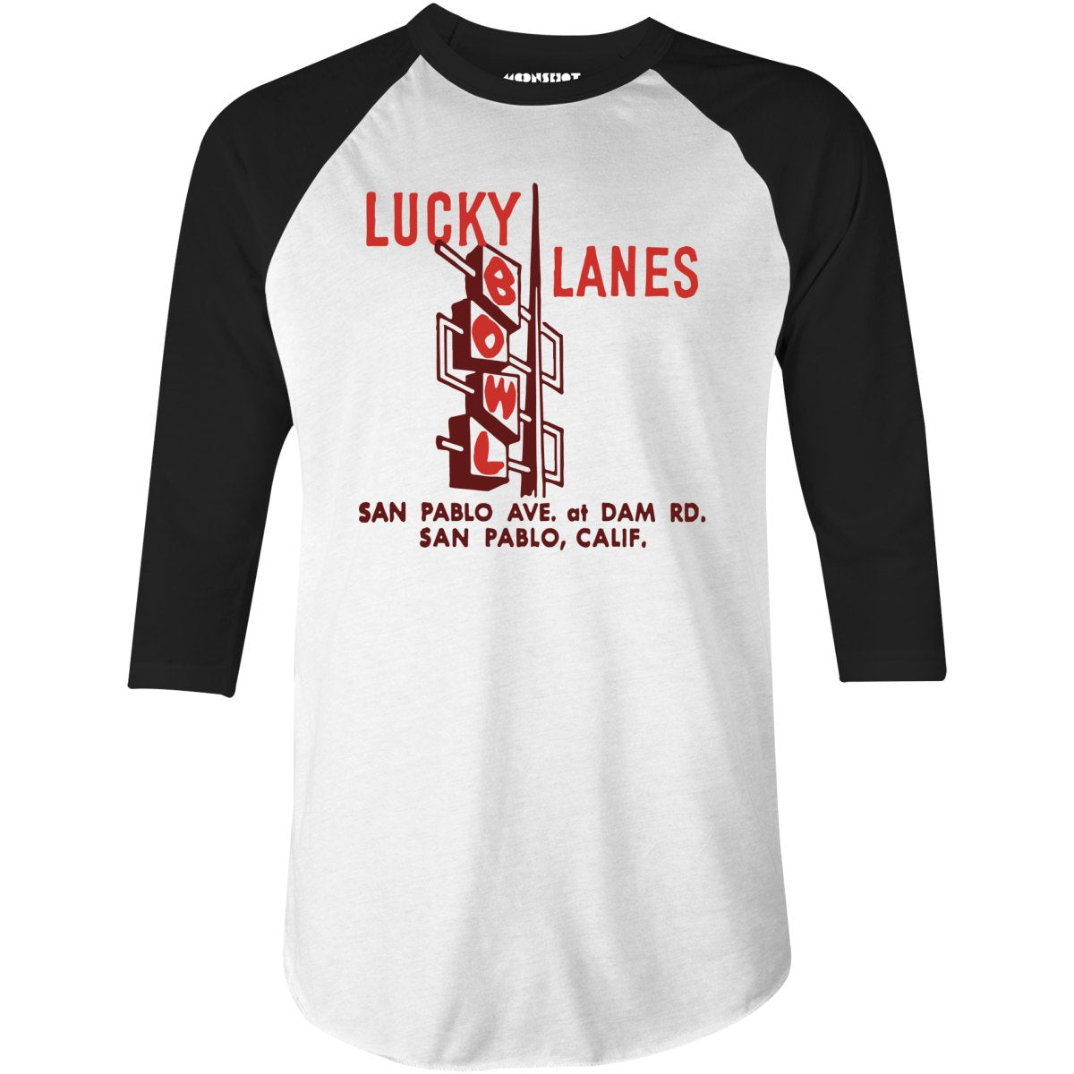 Lucky Lanes - San Pablo, CA - Vintage Bowling Alley - 3/4 Sleeve Raglan T-Shirt