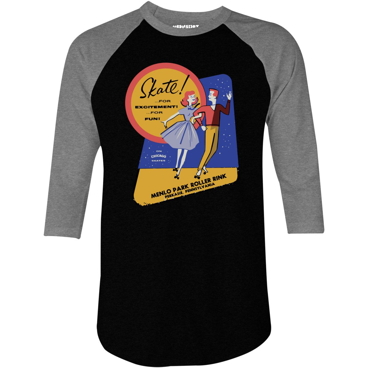 Menlo Park Roller Rink - Perkasie, PA - Vintage Roller Rink - 3/4 Sleeve Raglan T-Shirt