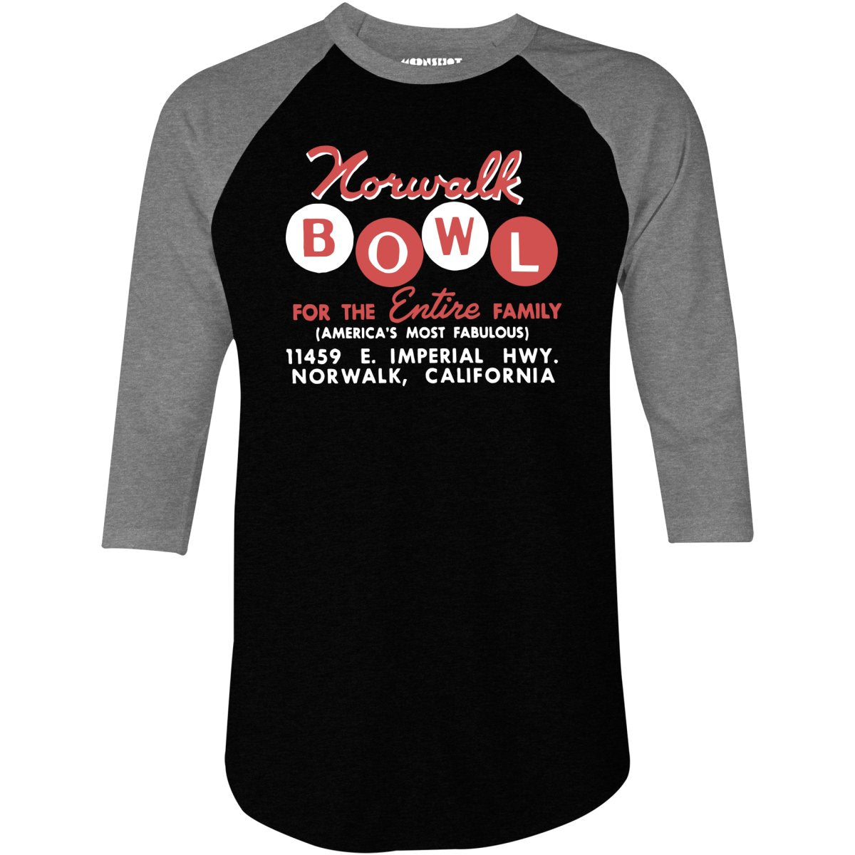 Norwalk Bowl - Norwalk, CA - Vintage Bowling Alley - 3/4 Sleeve Raglan T-Shirt
