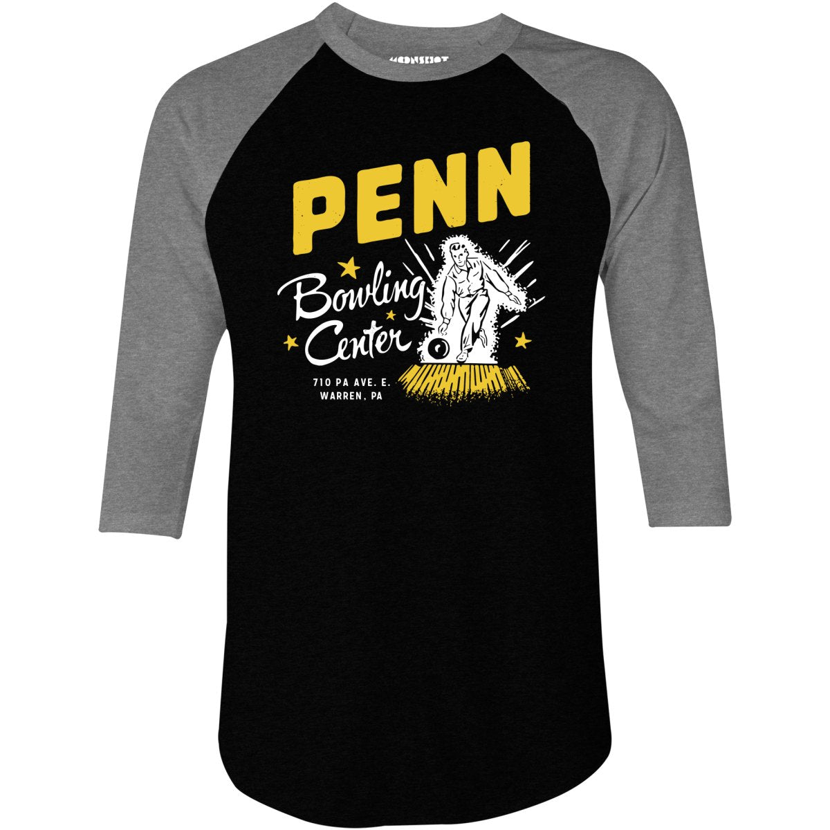 Penn Bowling Center - Warren, PA - Vintage Bowling Alley - 3/4 Sleeve Raglan T-Shirt