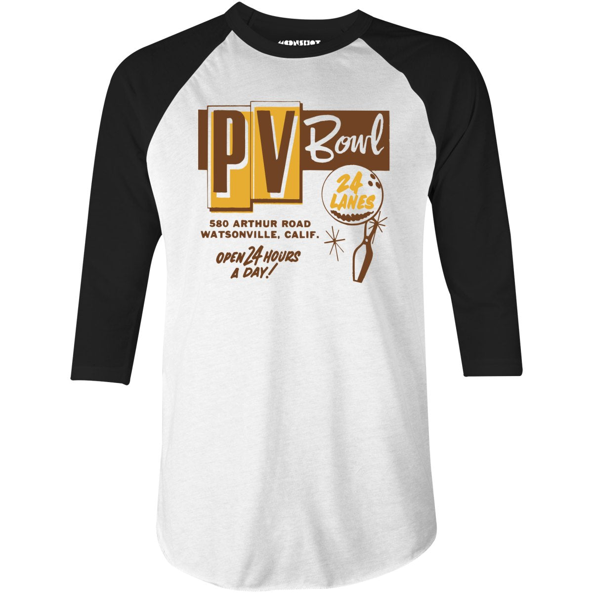 PV Bowl - Watsonville, CA - Vintage Bowling Alley - 3/4 Sleeve Raglan T-Shirt