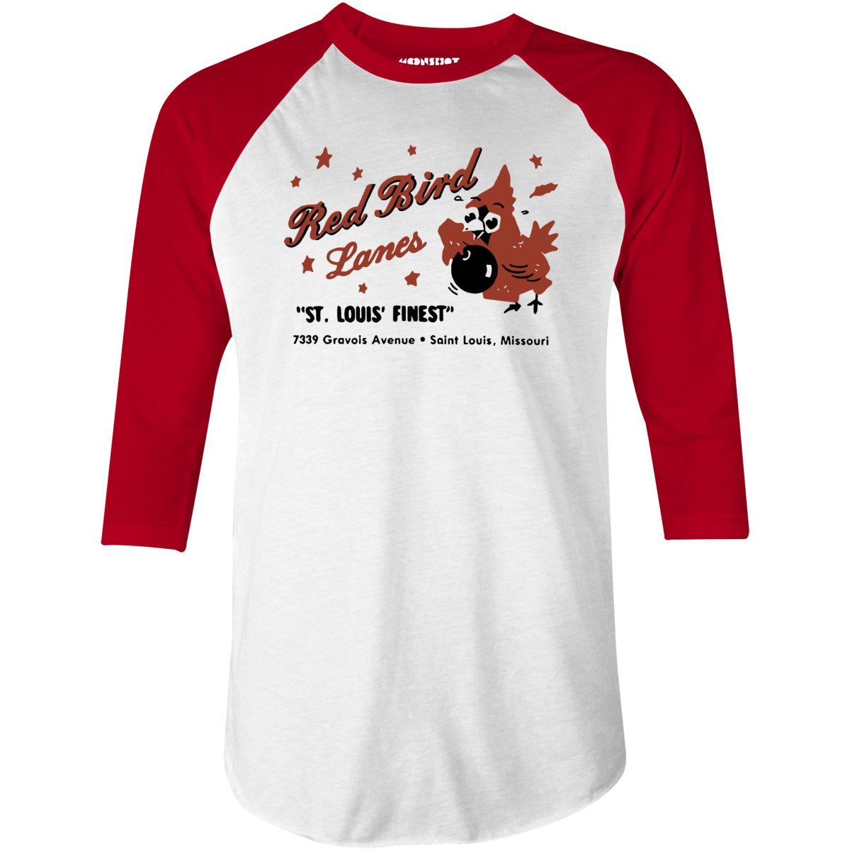 Red Bird Lanes v1 - St. Louis, MO - Vintage Bowling Alley - 3/4 Sleeve Raglan T-Shirt