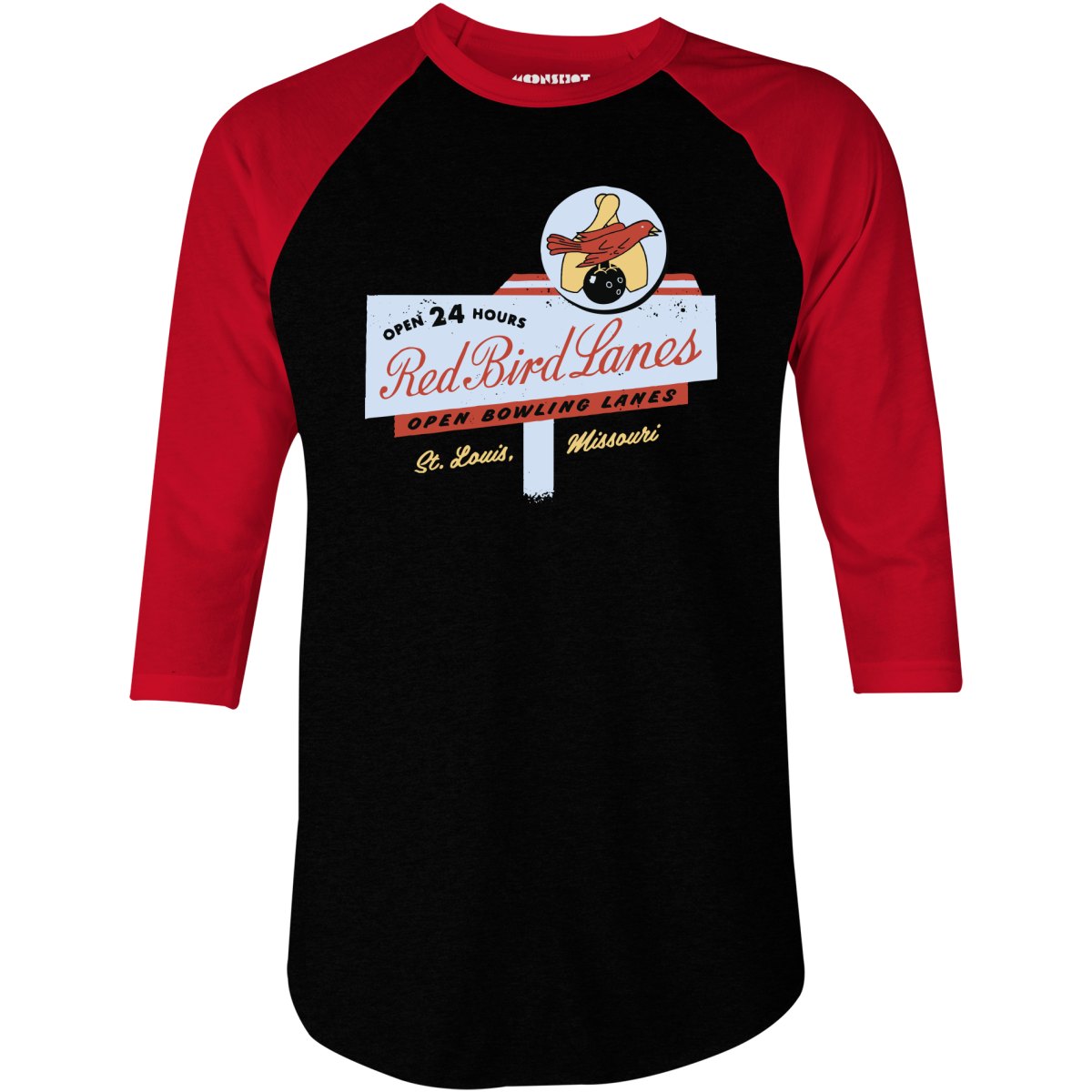 Red Bird Lanes v2 - St. Louis, MO - Vintage Bowling Alley - 3/4 Sleeve Raglan T-Shirt