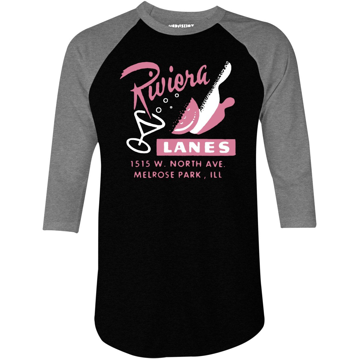 Riviera Lanes - Melrose Park, IL - Vintage Bowling Alley - 3/4 Sleeve Raglan T-Shirt