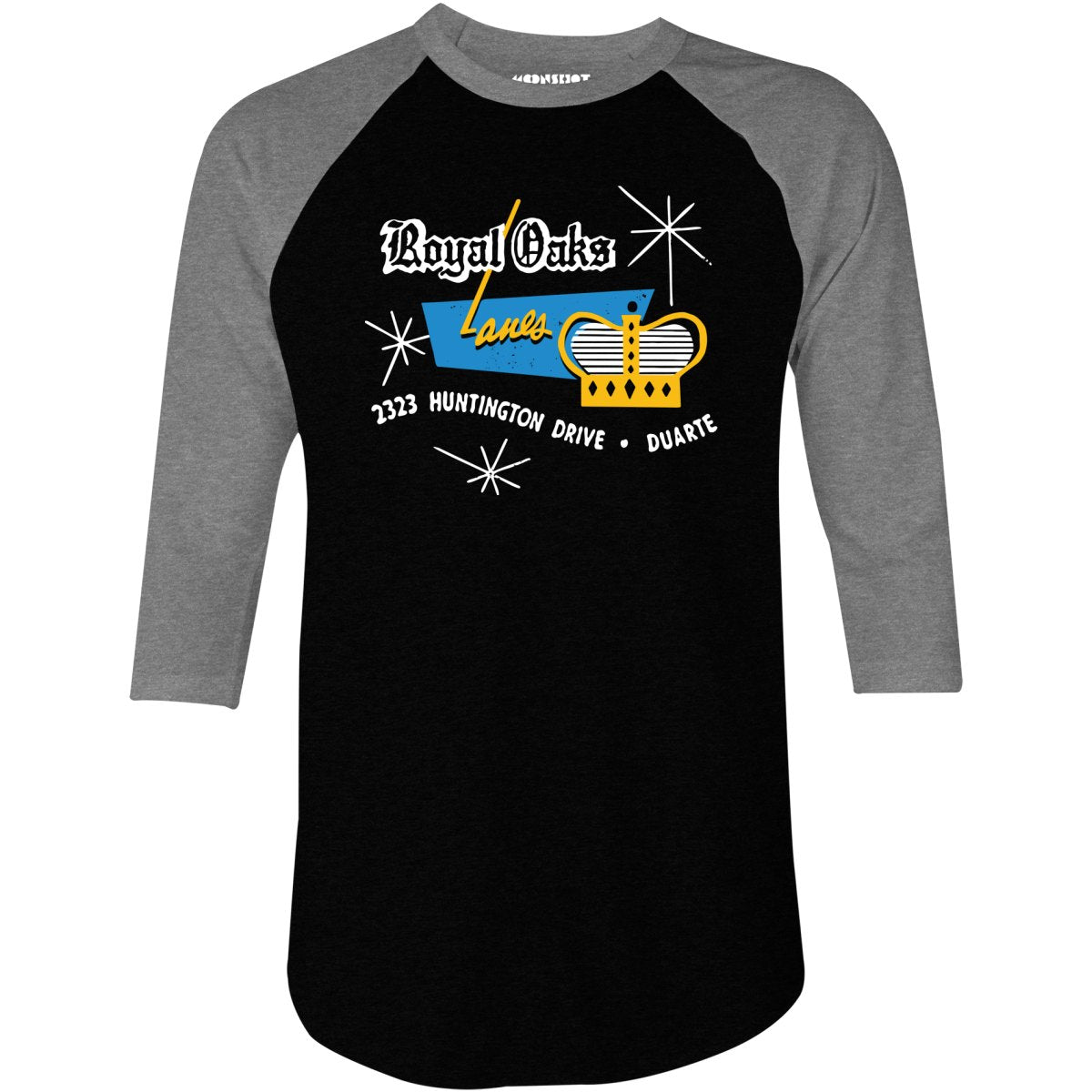 Royal Oaks Lanes - Duarte, CA - Vintage Bowling Alley - 3/4 Sleeve Raglan T-Shirt
