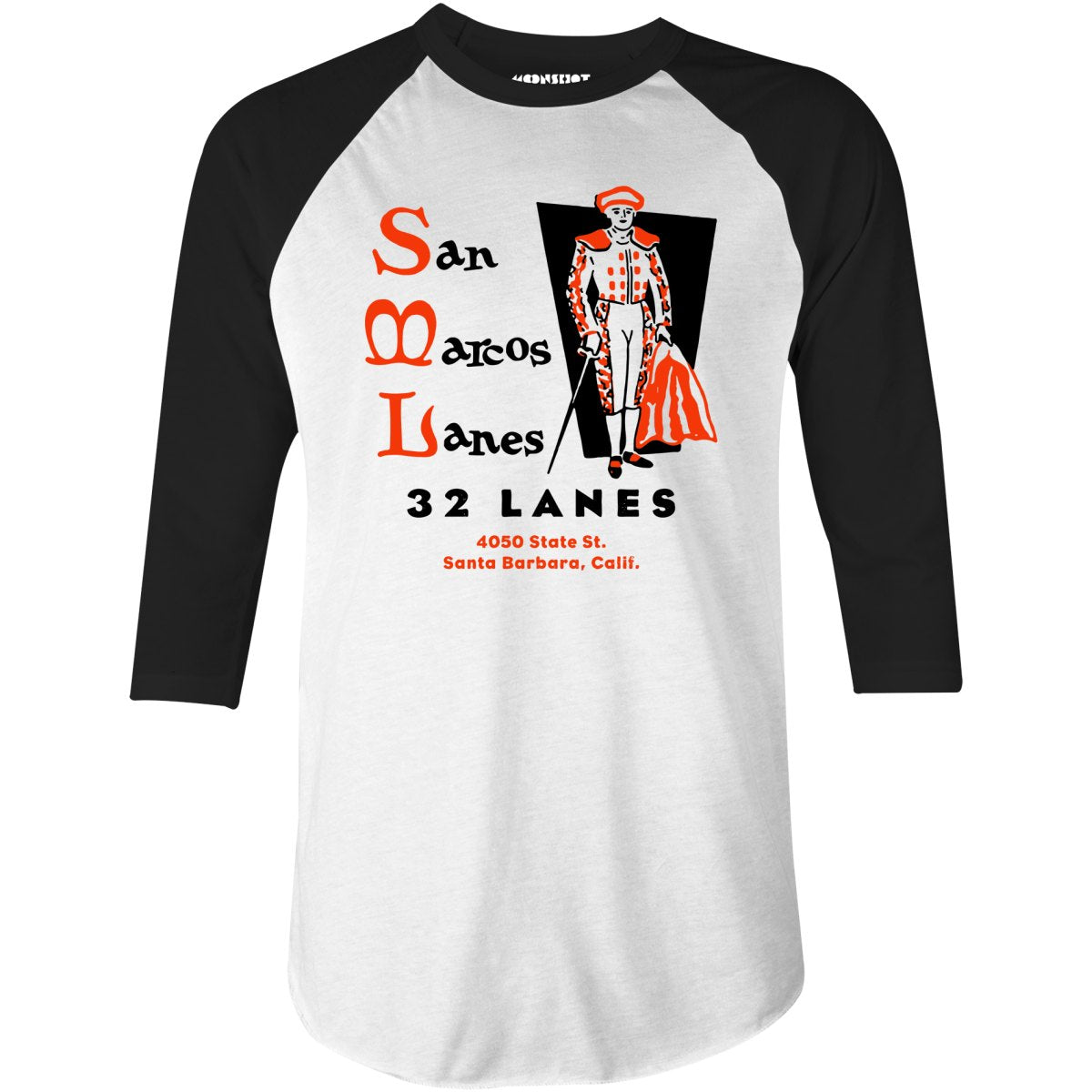 San Marcos Lanes - Santa Barbara, CA - Vintage Bowling Alley - 3/4 Sleeve Raglan T-Shirt