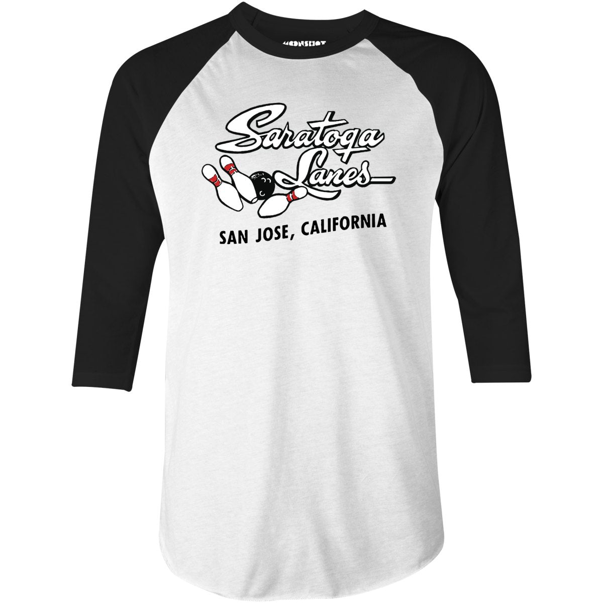 Saratoga Lanes - San Jose, CA - Vintage Bowling Alley - 3/4 Sleeve Raglan T-Shirt