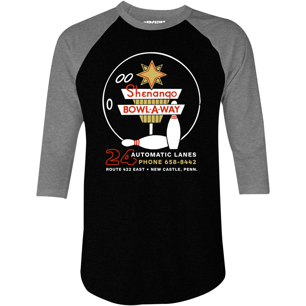 Shenango Bowl-a-Way - New Castle, PA - Vintage Bowling Alley - 3/4 Sleeve Raglan T-Shirt