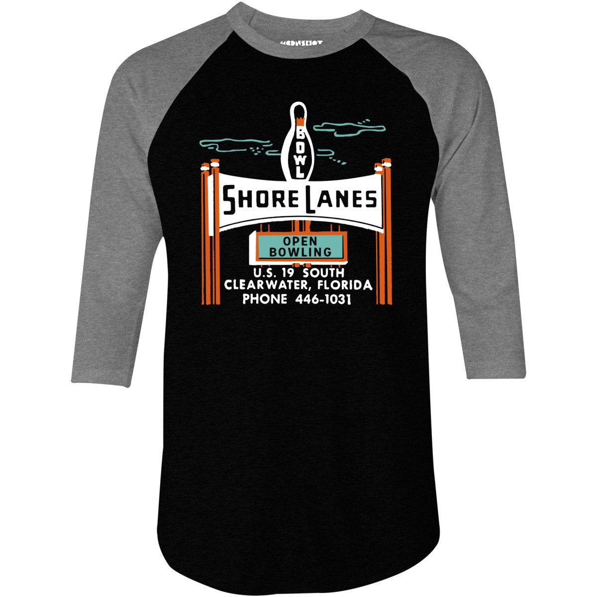 Shore Lanes - Clearwater, FL - Vintage Bowling Alley - 3/4 Sleeve Raglan T-Shirt