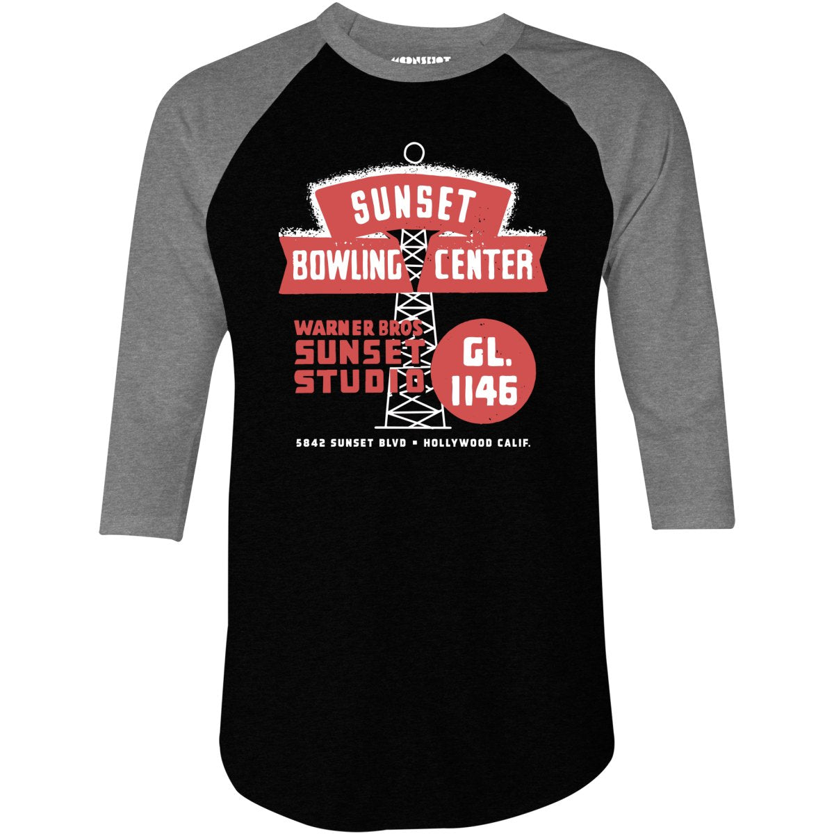 Sunset Bowling Center - Hollywood, CA - Vintage Bowling Alley - 3/4 Sleeve Raglan T-Shirt
