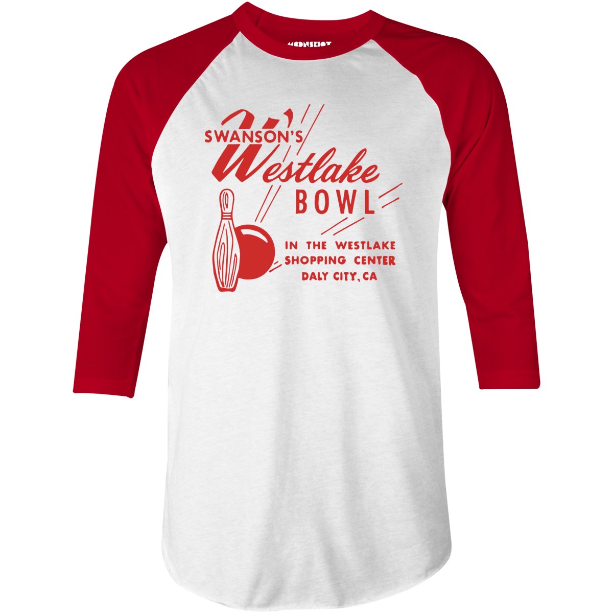 Swanson's Westlake Bowl - Daly City, CA - Vintage Bowling Alley - 3/4 Sleeve Raglan T-Shirt