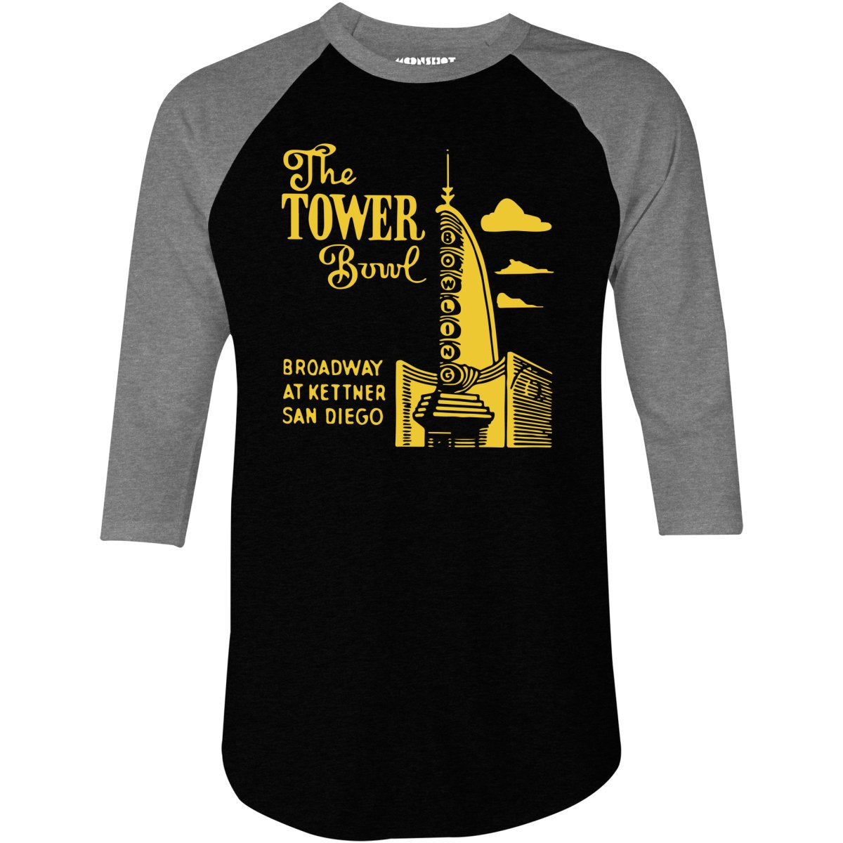 The Tower Bowl - San Diego, CA - Vintage Bowling Alley - 3/4 Sleeve Raglan T-Shirt