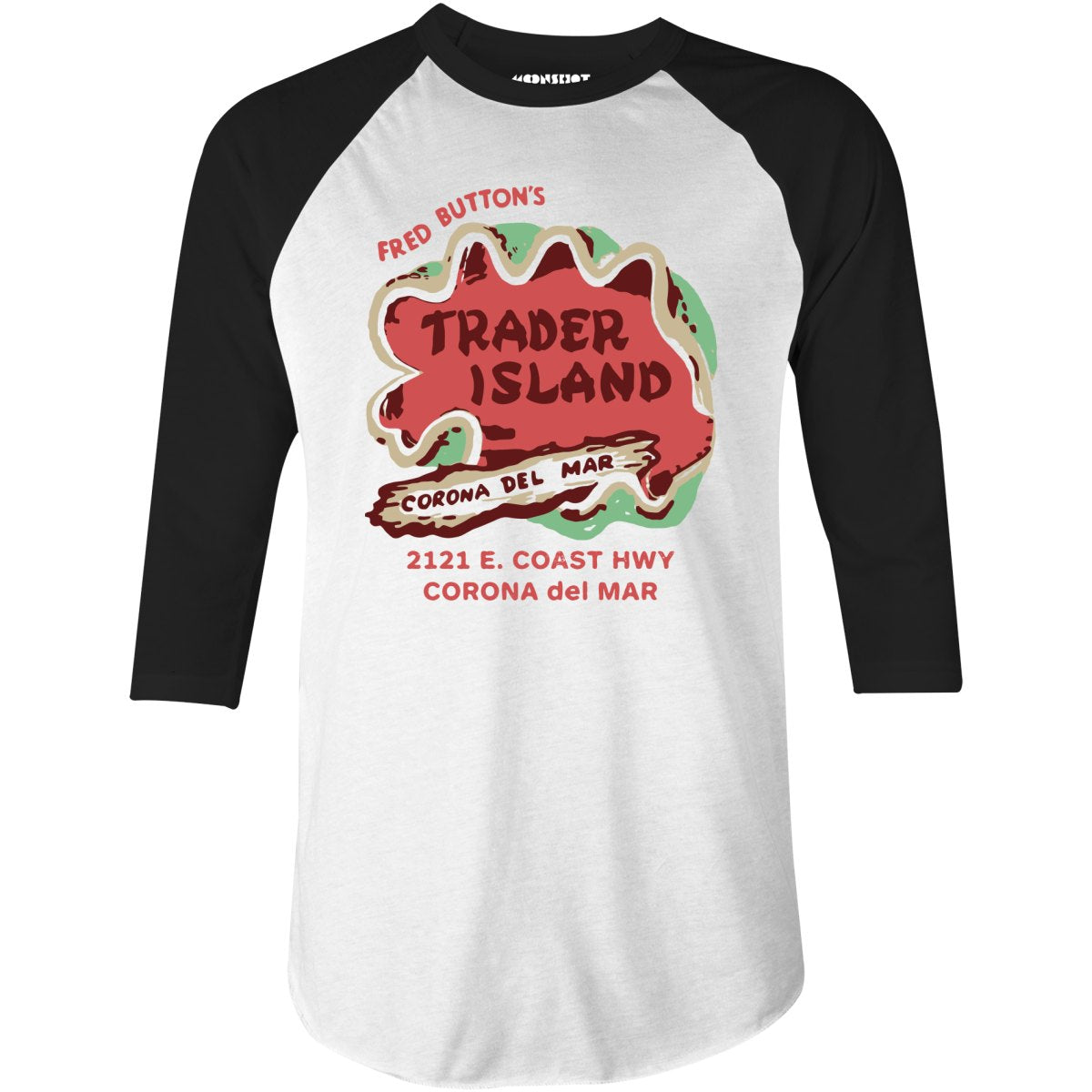 Trader Island - Corona Del Mar, CA - Vintage Tiki Bar - 3/4 Sleeve Raglan T-Shirt