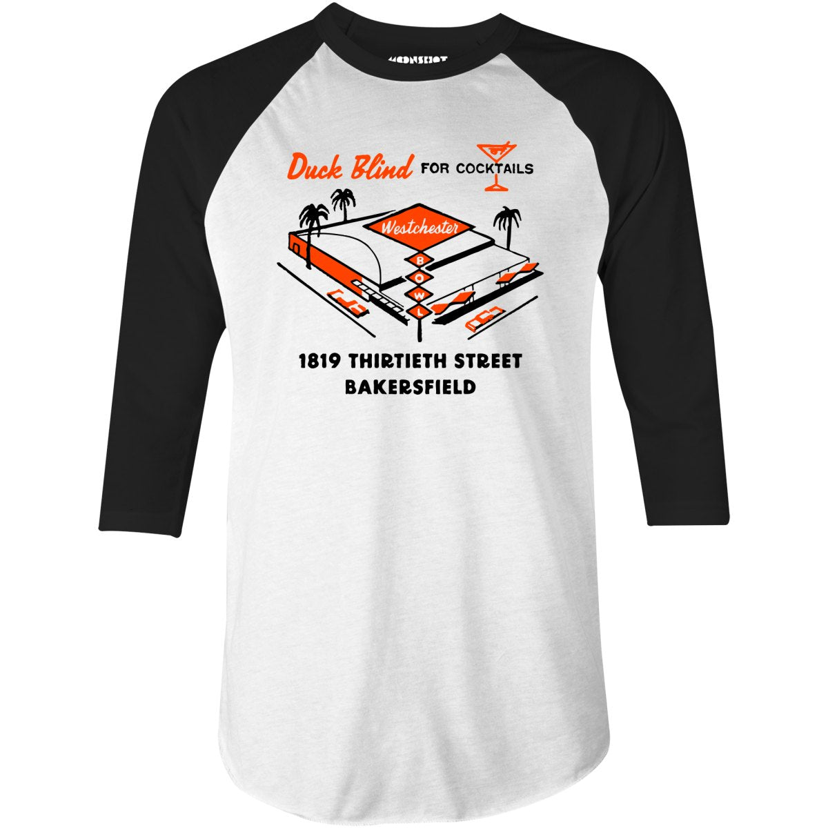 Westchester Bowl v2 - Bakersfield, CA - Vintage Bowling Alley - 3/4 Sleeve Raglan T-Shirt