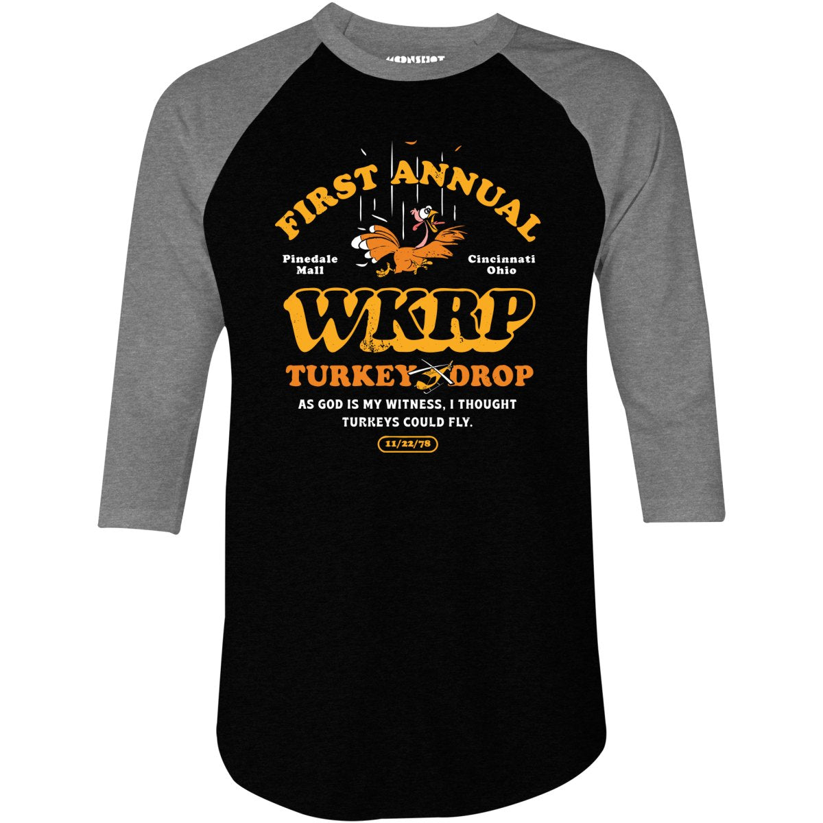 WKRP Turkey Drop - 3/4 Sleeve Raglan T-Shirt